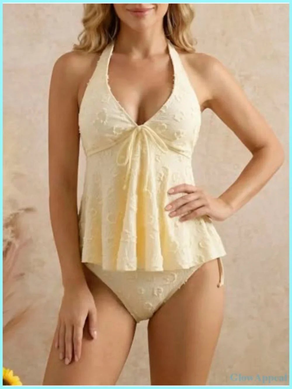 2 Piece Textured Halter Tankini Top with Thong Bottom Swim Set